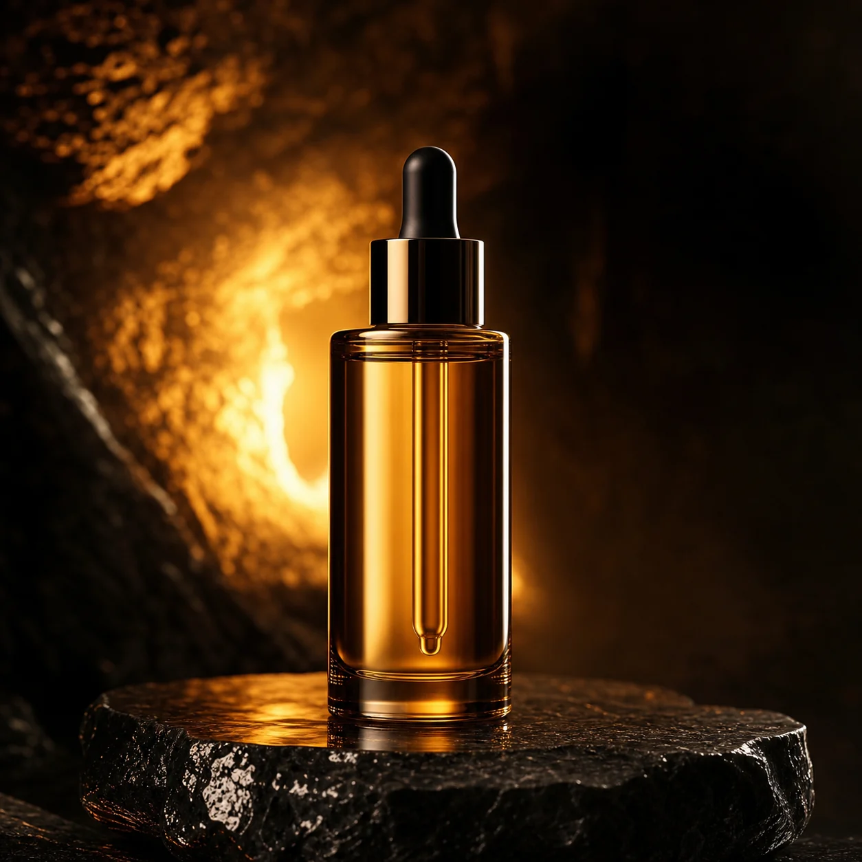 Amber Glow Product Shot by Vinci AI AI generated realistic image: Premium unbranded skincare bottle on black stone, warm amber backlight, glossy reflections, elegant product advertising photography