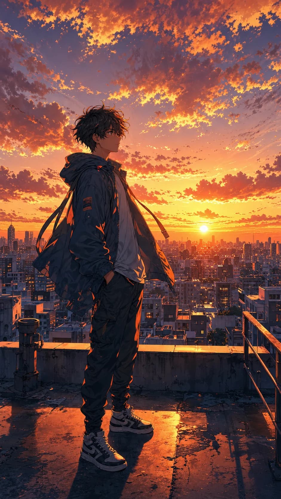 Anime Rooftop Sunset by Vinci AI AI generated anime image: Anime character standing on a city rooftop at golden hour, orange clouds, expressive warm lighting, detailed urban skyline background