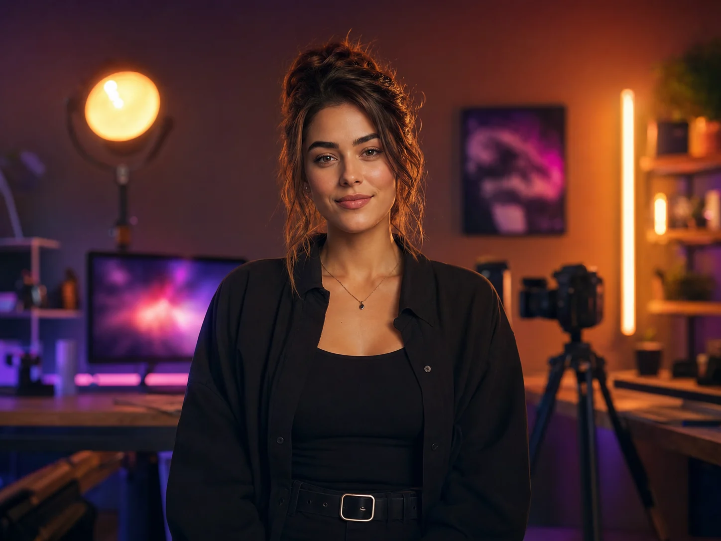 Aurora Studio Portrait by Vinci AI AI generated cinematic image: A confident digital creator in a warm neon studio portrait, cinematic rim lighting, soft amber glow, subtle violet shadows, premium editorial photography