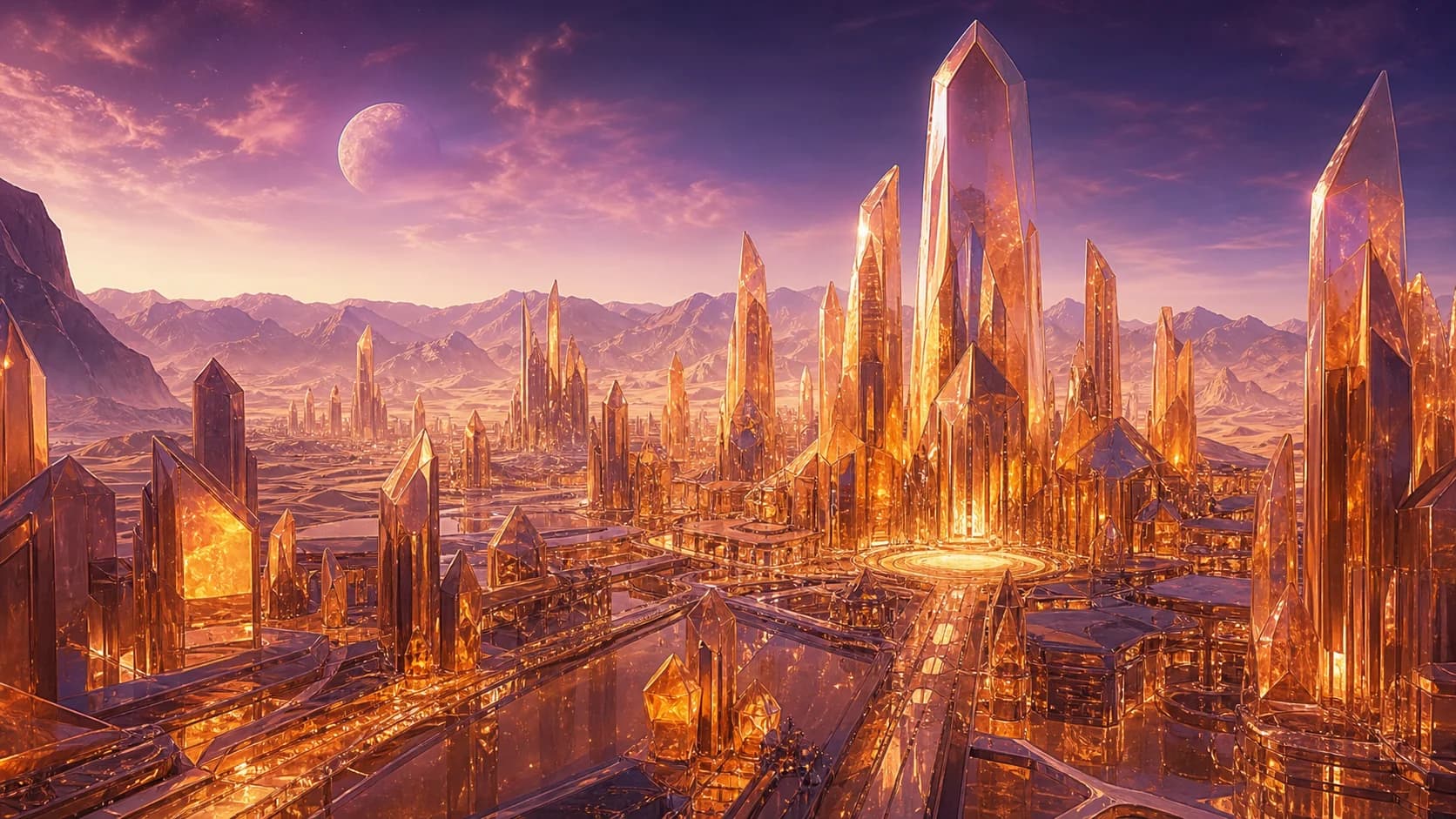 Crystal Desert City by Vinci AI AI generated fantasy image: A futuristic desert city built from towering amber glass crystals under a violet twilight sky, luminous streets, reflective mineral architecture, ultra detailed fantasy environment