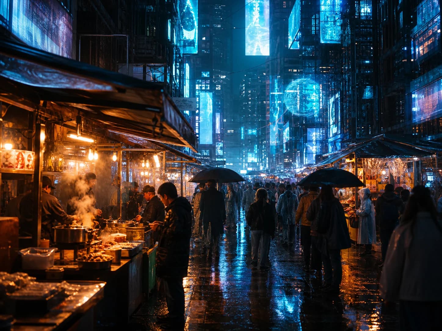 Cyberpunk Night Market by Vinci AI AI generated realistic image: A cyberpunk night market with warm food stalls, blue holographic light, wet pavement and rain reflections, cinematic street photography atmosphere