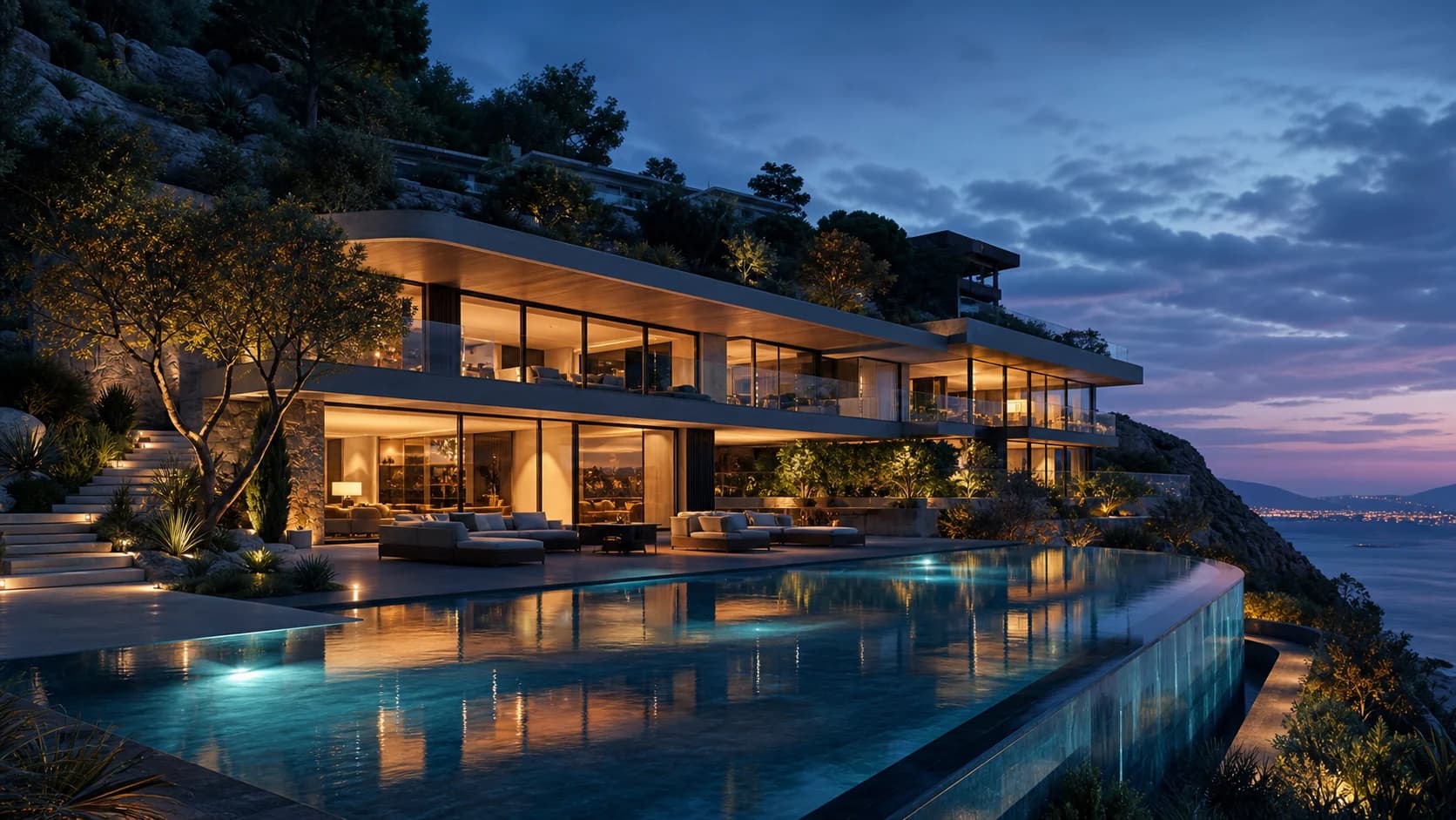 Dreamy Architectural Render by Vinci AI AI generated 3d render image: A modern hillside home at dusk with warm interior light, reflective infinity pool, glass walls, refined landscaping, dreamy architectural visualization