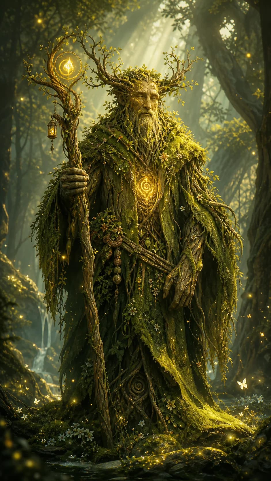 Fantasy Forest Guardian by Vinci AI AI generated fantasy image: A gentle forest guardian made of moss, bark, vines, and gold light, standing in an ancient enchanted forest with a magical atmosphere