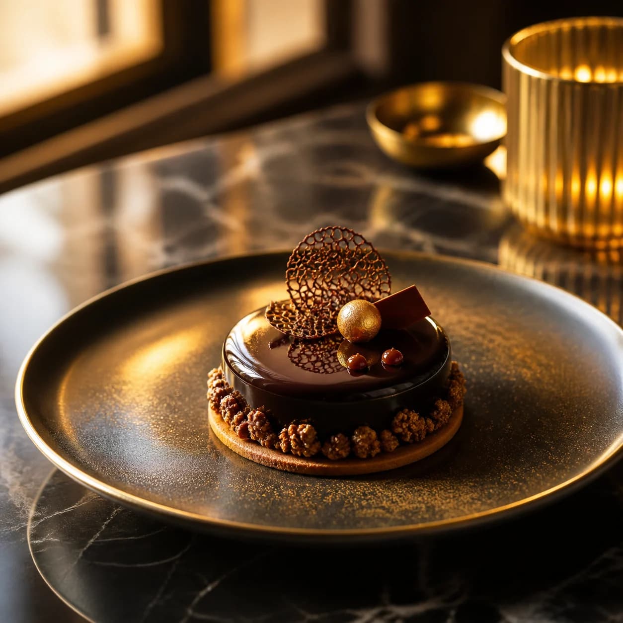 Golden Food Campaign by Vinci AI AI generated realistic image: Gourmet dessert campaign photo in golden hour window light, dark marble table, rich warm tones, elegant plated dessert with refined garnish