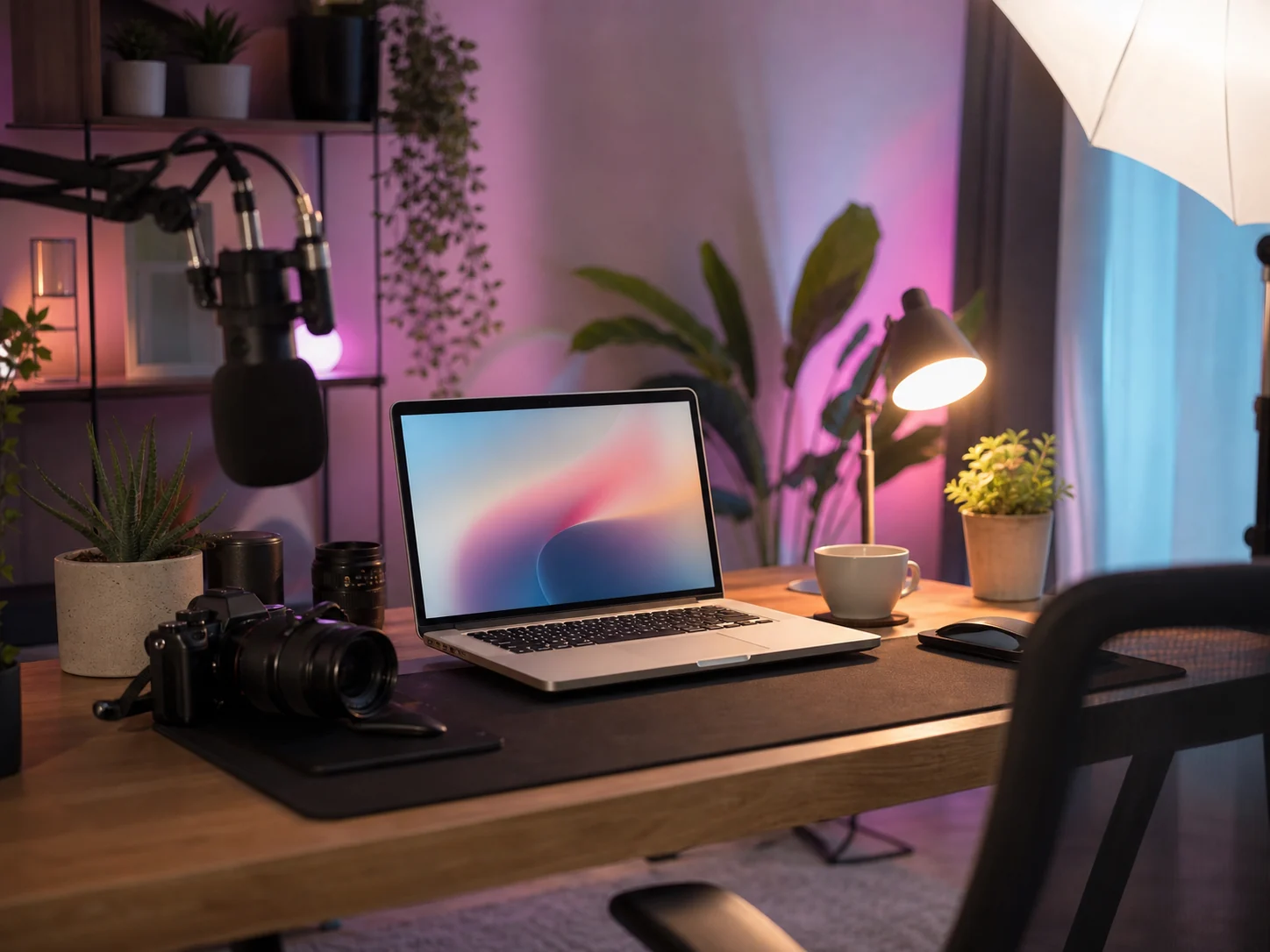 Pastel Creator Workspace by Vinci AI AI generated realistic image: A cozy creator desk setup with pastel lights, camera gear, laptop, plants, soft studio lighting, calm productive atmosphere