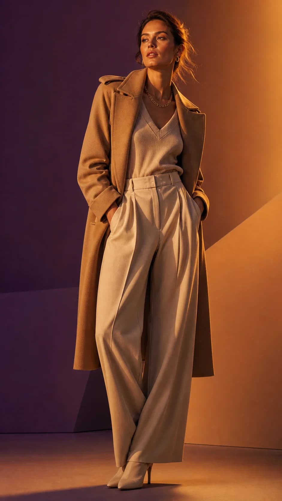 Warm Fashion Editorial by Vinci AI AI generated cinematic image: Fashion editorial portrait with warm amber gels, violet shadow, elegant pose, premium campaign image, sophisticated studio styling